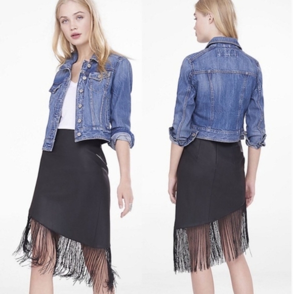 Black Leather and Fringe Asymmetrical Skirt - Picture 2 of 7